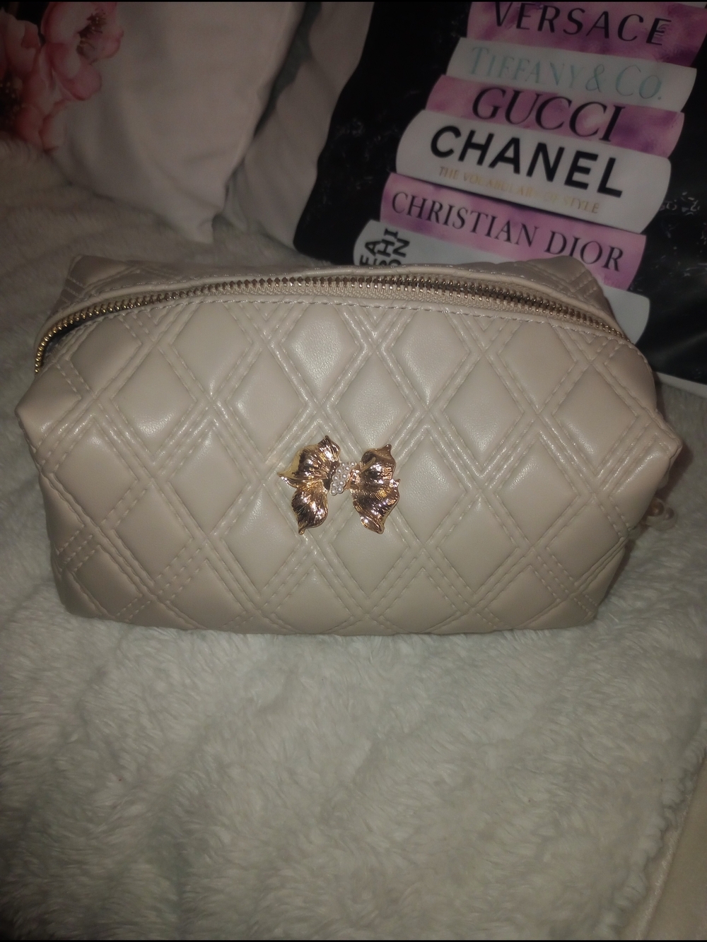 Vince Camuto Tan Quilted Cosmetic Bag With Bow And Faux Pearl Zipper Accent